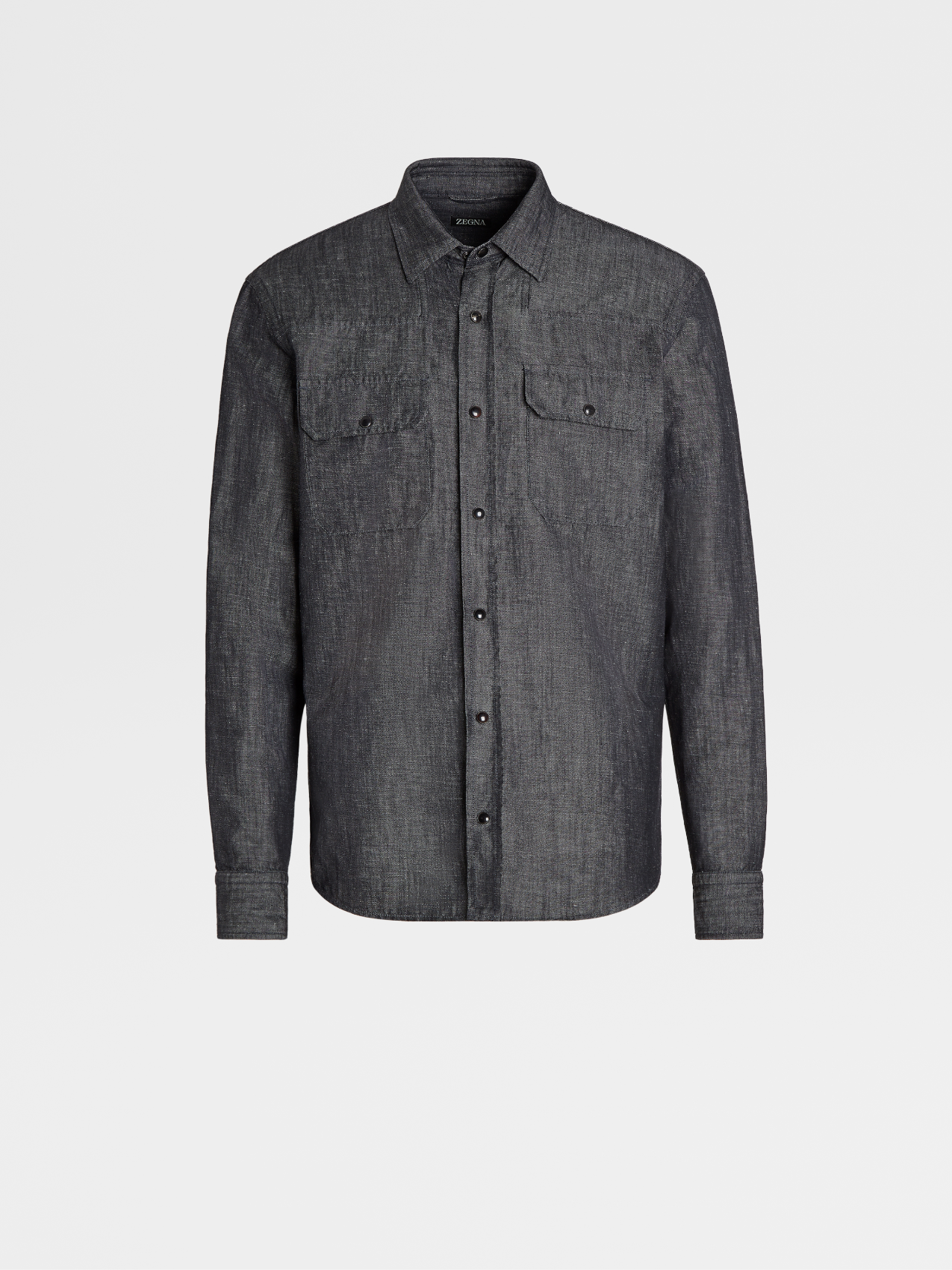 Black Cotton and Linen Rinse Washed Denim Long-sleeve Shirt